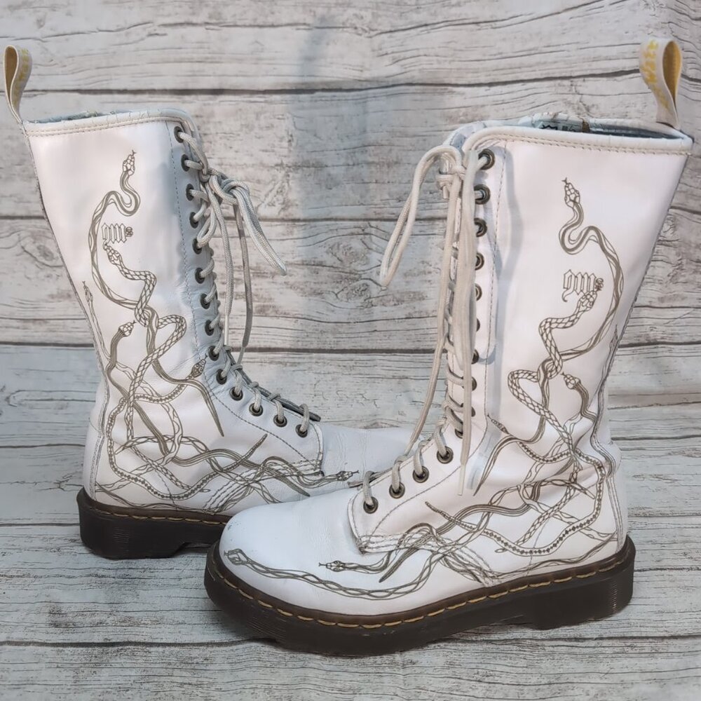 Dr Martens 14 Eye White Leather Vintage Snake Wedding  Mid Calf Boots Women 7